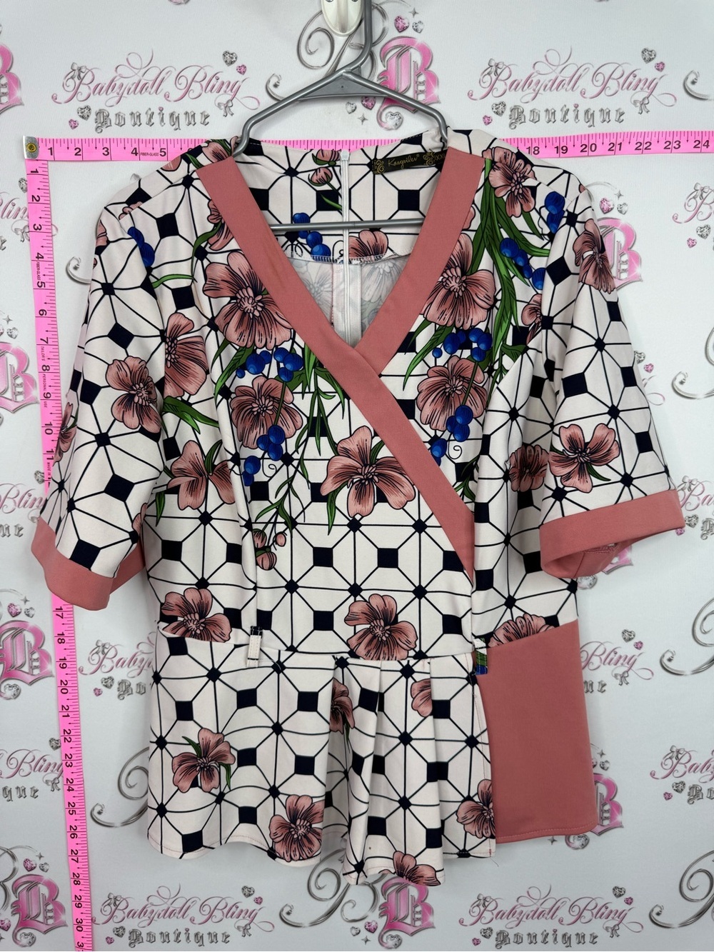 Floral Geometric Wrap Blouse in Cream and Dusty Rose